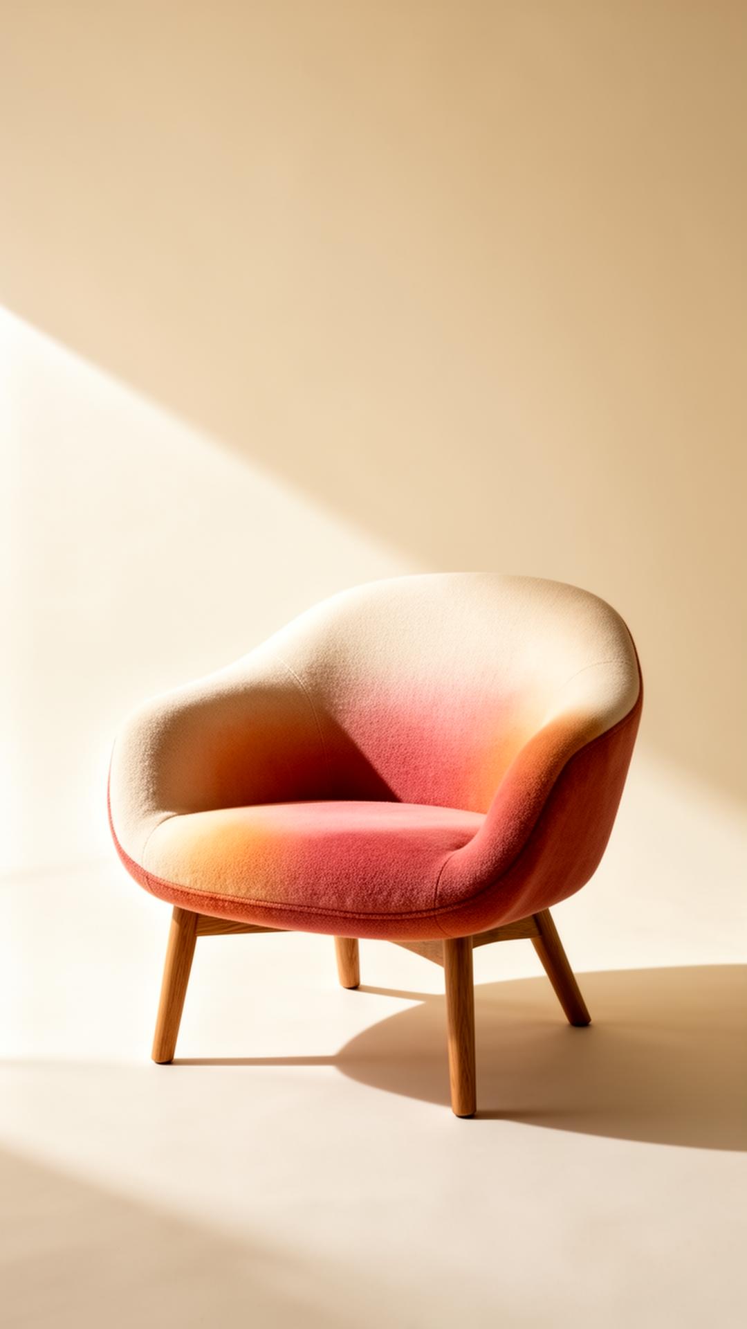 Sculptural lounge chair with a gradient cream-to-coral upholstery and oak legs
